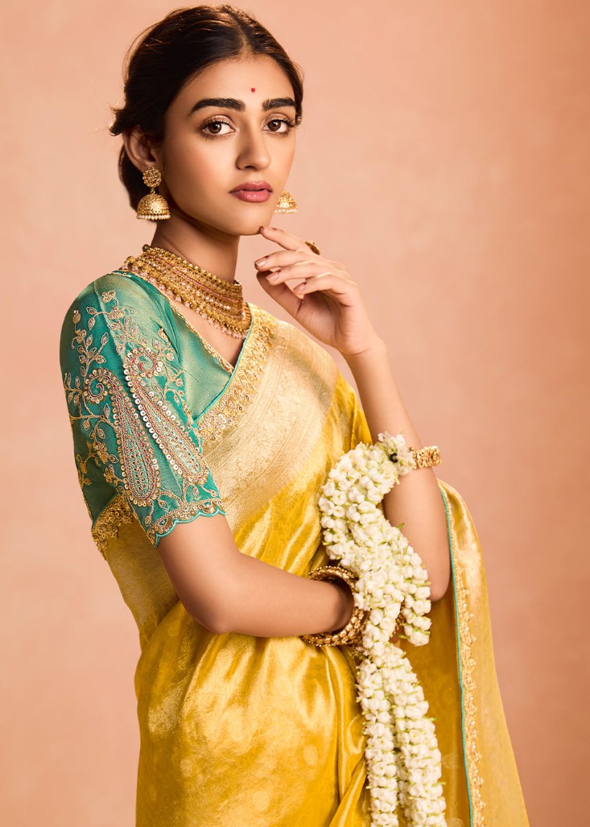 Aureolin Yellow Designer Tissue Silk Saree with Zari & Embroidered Blouse - House of Sarvati LLC