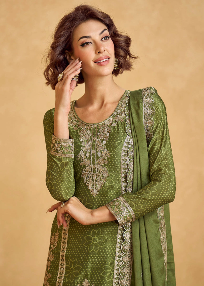 Avacado Green Embroidered Chinon Silk Palazzo Suit with Bandhani Print - House of Sarvati LLC
