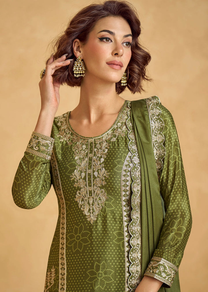Avacado Green Embroidered Chinon Silk Palazzo Suit with Bandhani Print - House of Sarvati LLC
