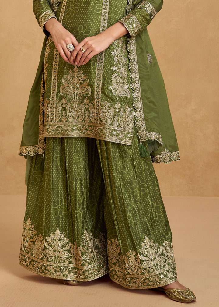 Avacado Green Embroidered Chinon Silk Palazzo Suit with Bandhani Print - House of Sarvati LLC