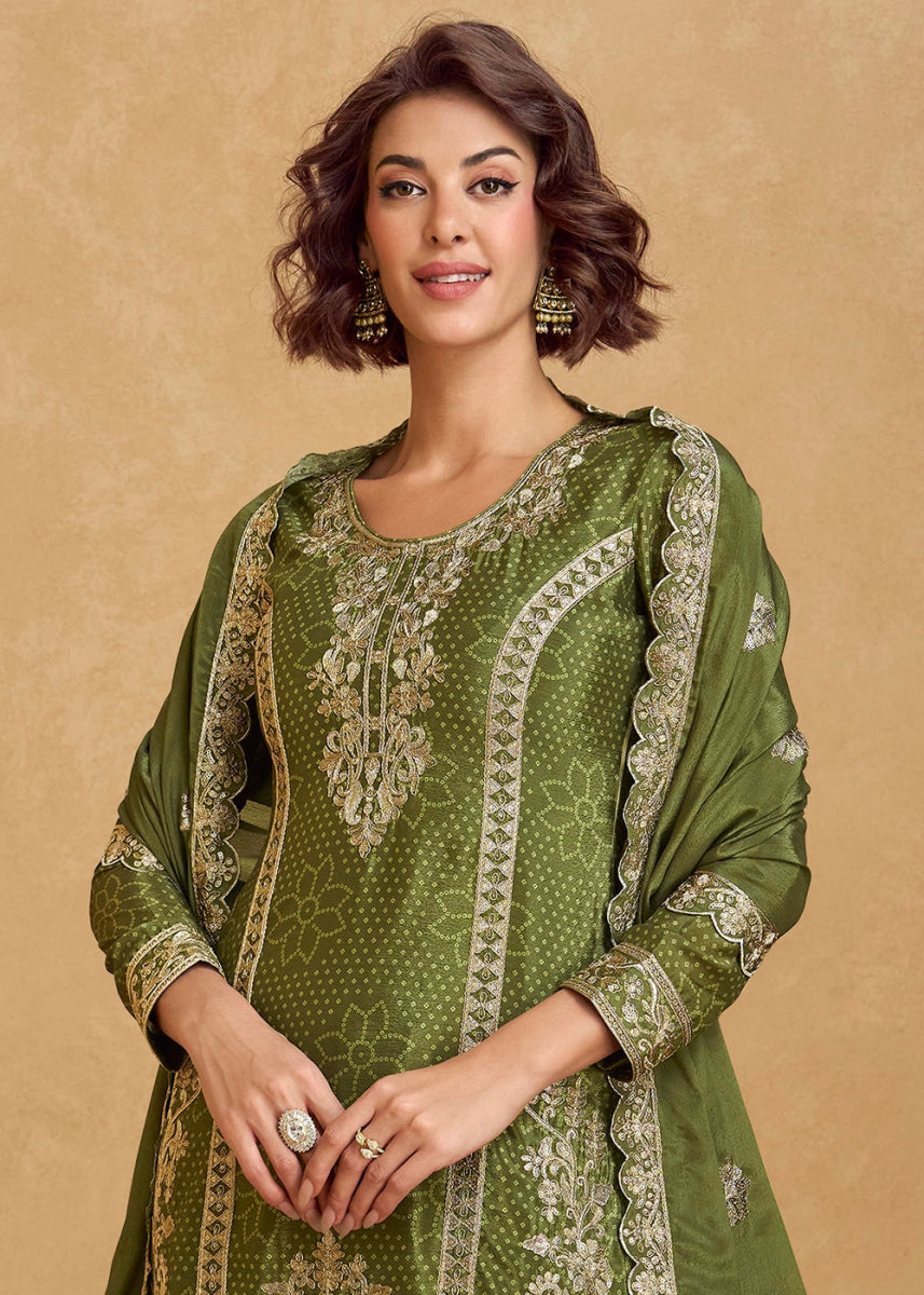 Avacado Green Embroidered Chinon Silk Palazzo Suit with Bandhani Print - House of Sarvati LLC