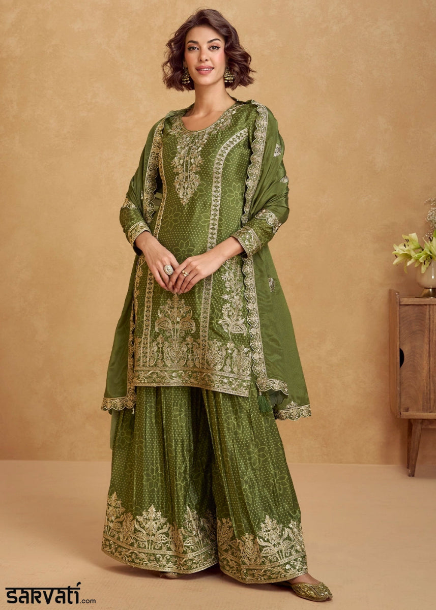 Avacado Green Embroidered Chinon Silk Palazzo Suit with Bandhani Print - House of Sarvati LLC