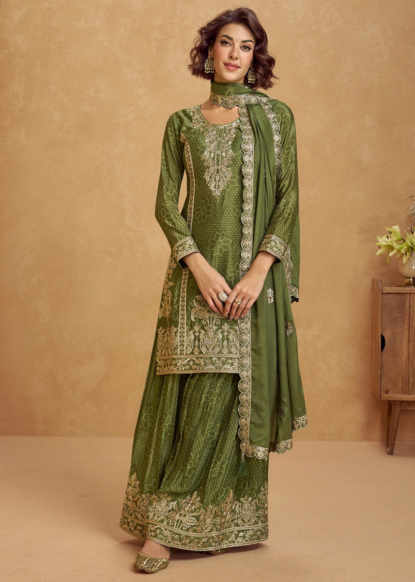 Avacado Green Embroidered Chinon Silk Palazzo Suit with Bandhani Print - House of Sarvati LLC