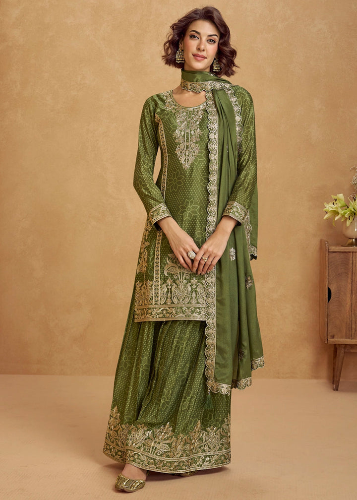 Avacado Green Embroidered Chinon Silk Palazzo Suit with Bandhani Print - House of Sarvati LLC