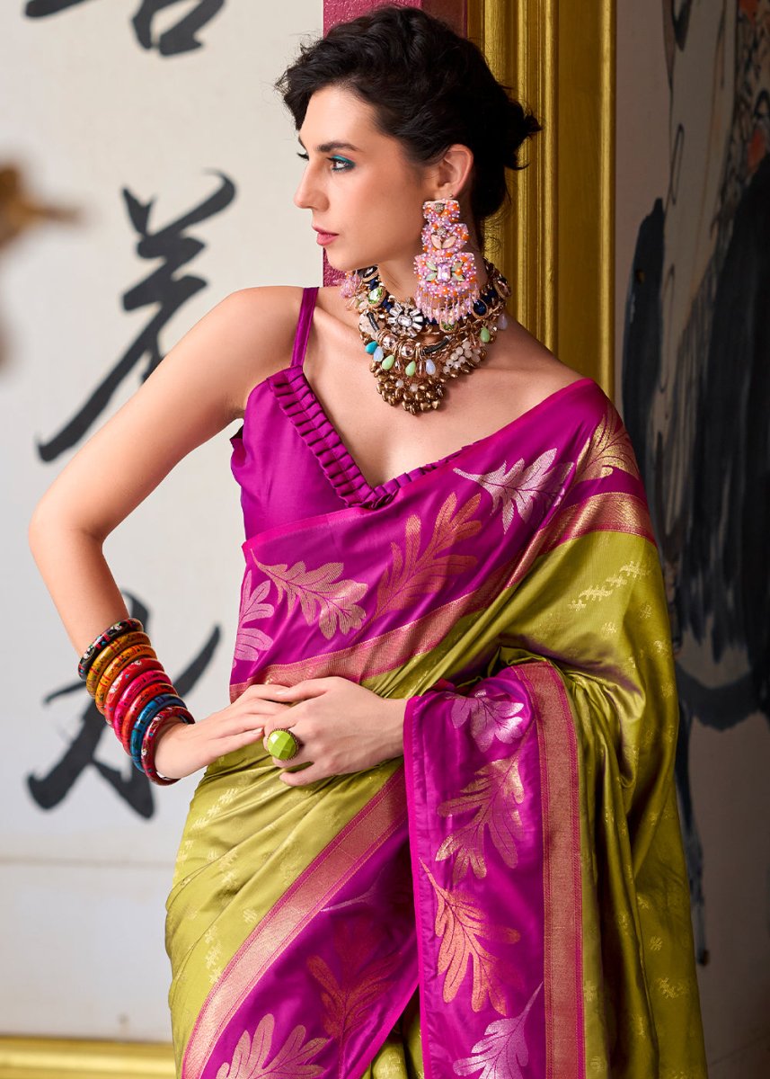 Avocado Green Banarasi Silk Saree with Contrasting Pallu and Woven Zari - House of Sarvati LLC