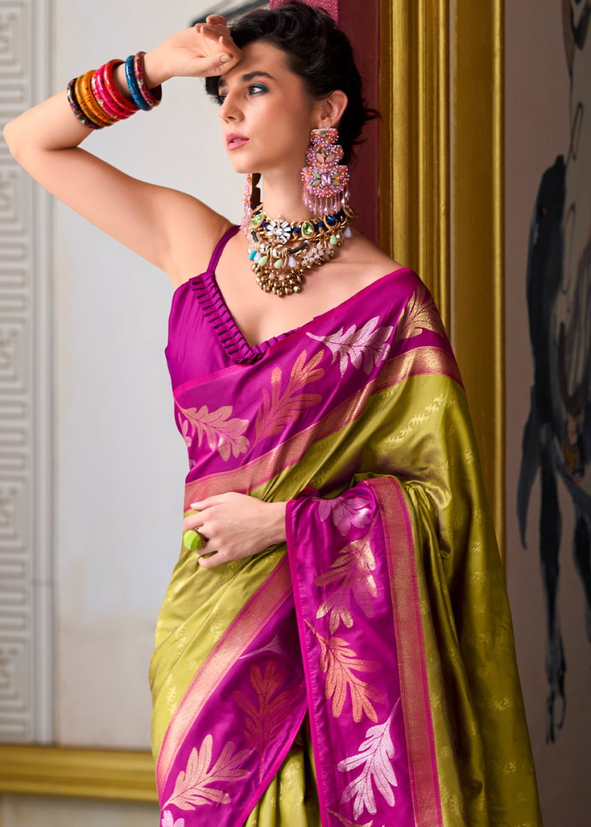 Avocado Green Banarasi Silk Saree with Contrasting Pallu and Woven Zari - House of Sarvati LLC