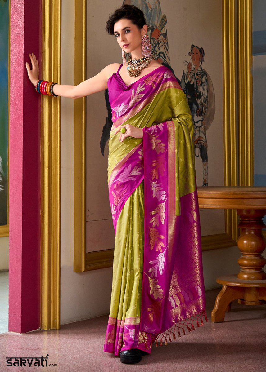 Avocado Green Banarasi Silk Saree with Contrasting Pallu and Woven Zari - House of Sarvati LLC