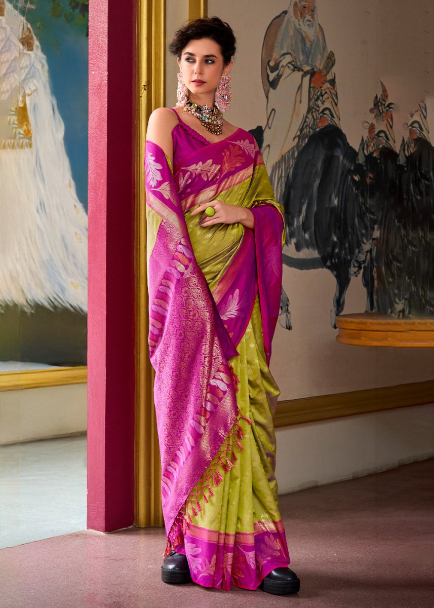 Avocado Green Banarasi Silk Saree with Contrasting Pallu and Woven Zari - House of Sarvati LLC
