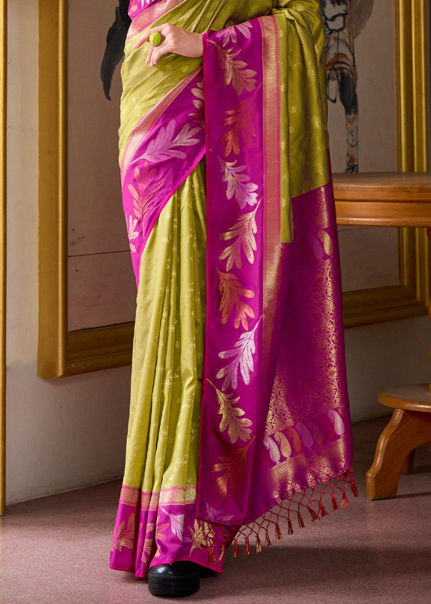 Avocado Green Banarasi Silk Saree with Contrasting Pallu and Woven Zari - House of Sarvati LLC
