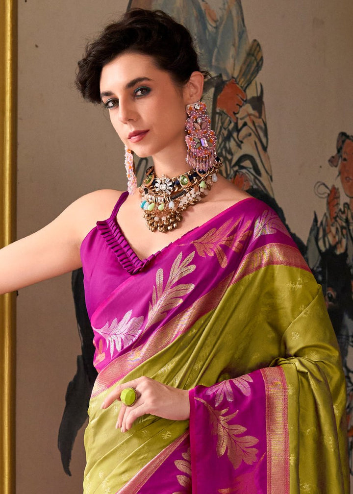 Avocado Green Banarasi Silk Saree with Contrasting Pallu and Woven Zari - House of Sarvati LLC
