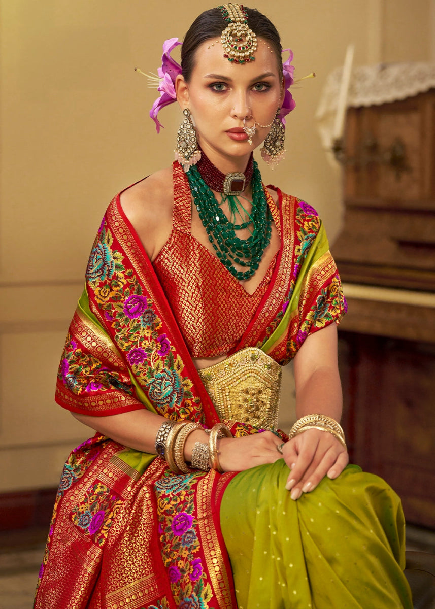 Avocado Green Banarasi Silk Saree With Jacquard Butti Weaving And Meenakari Border & Pallu - House of Sarvati LLC