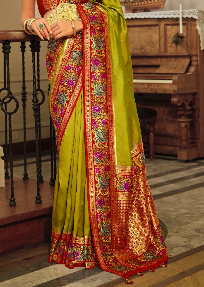 Avocado Green Banarasi Silk Saree With Jacquard Butti Weaving And Meenakari Border & Pallu - House of Sarvati LLC