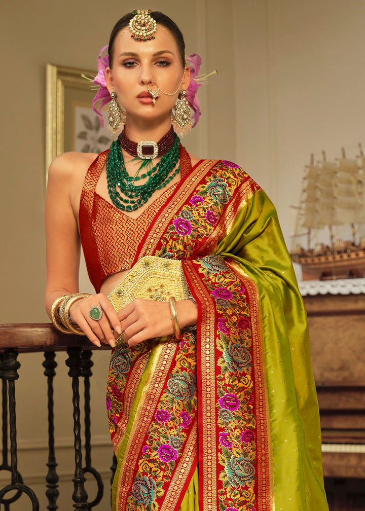 Avocado Green Banarasi Silk Saree With Jacquard Butti Weaving And Meenakari Border & Pallu - House of Sarvati LLC