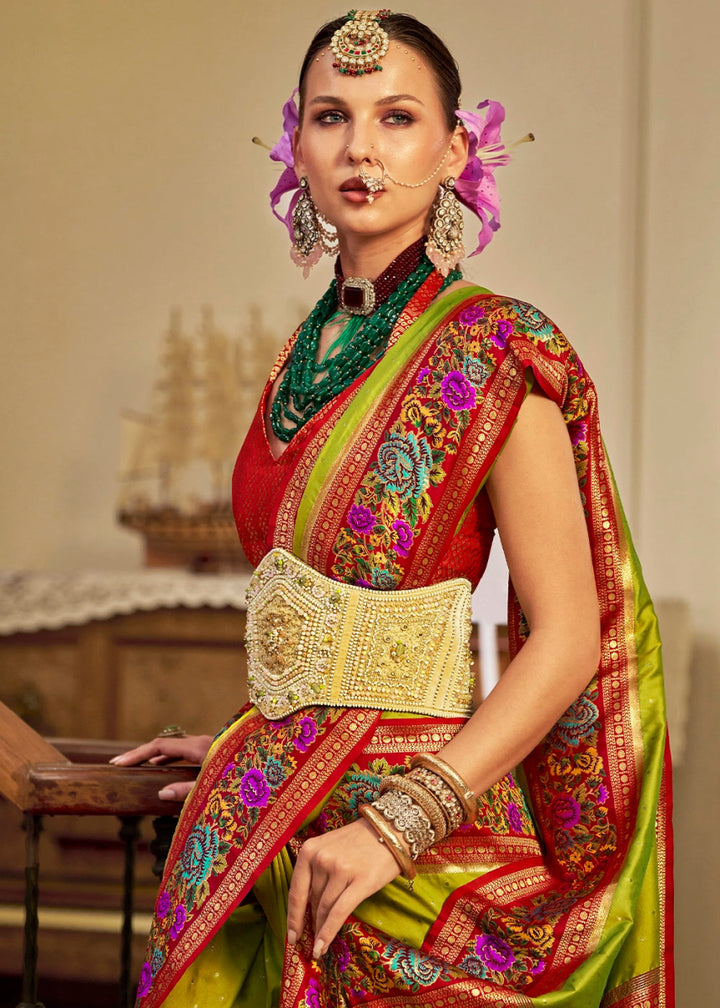 Avocado Green Banarasi Silk Saree With Jacquard Butti Weaving And Meenakari Border & Pallu - House of Sarvati LLC