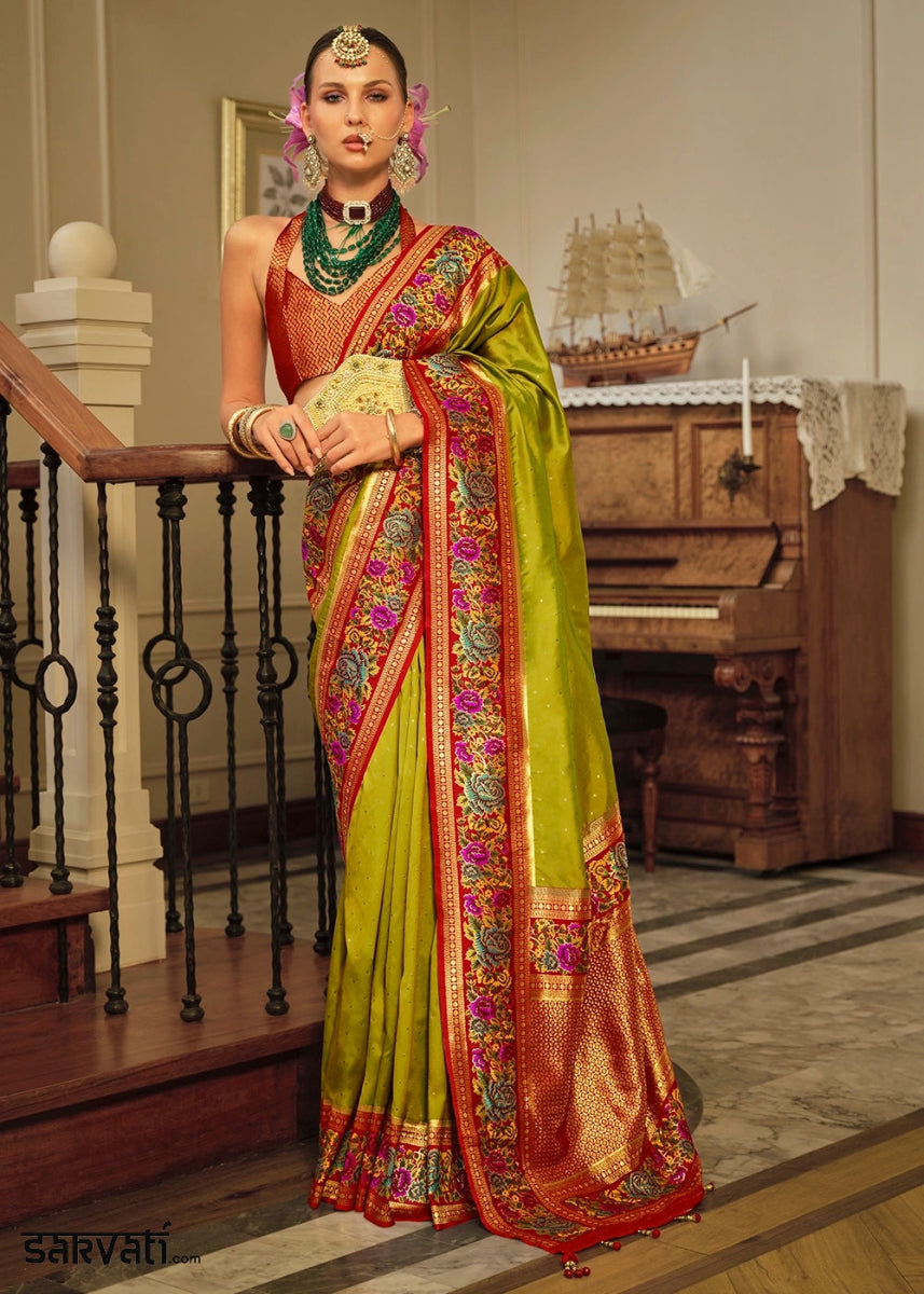 Avocado Green Banarasi Silk Saree With Jacquard Butti Weaving And Meenakari Border & Pallu - House of Sarvati LLC