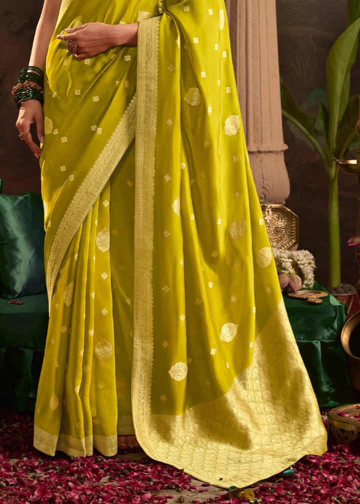 Avocado Green Crepe Dola Silk Saree with Rich Zari Weaving - House of Sarvati LLC