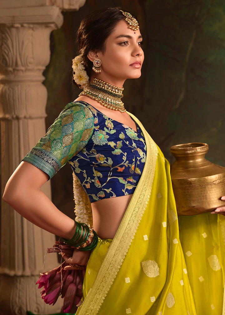 Avocado Green Crepe Dola Silk Saree with Rich Zari Weaving - House of Sarvati LLC