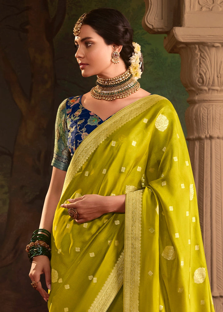 Avocado Green Crepe Dola Silk Saree with Rich Zari Weaving - House of Sarvati LLC