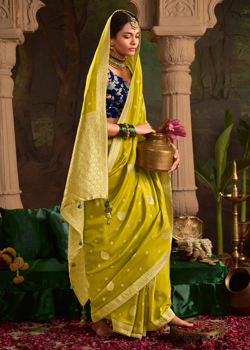 Avocado Green Crepe Dola Silk Saree with Rich Zari Weaving - House of Sarvati LLC