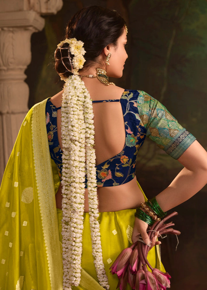 Avocado Green Crepe Dola Silk Saree with Rich Zari Weaving - House of Sarvati LLC
