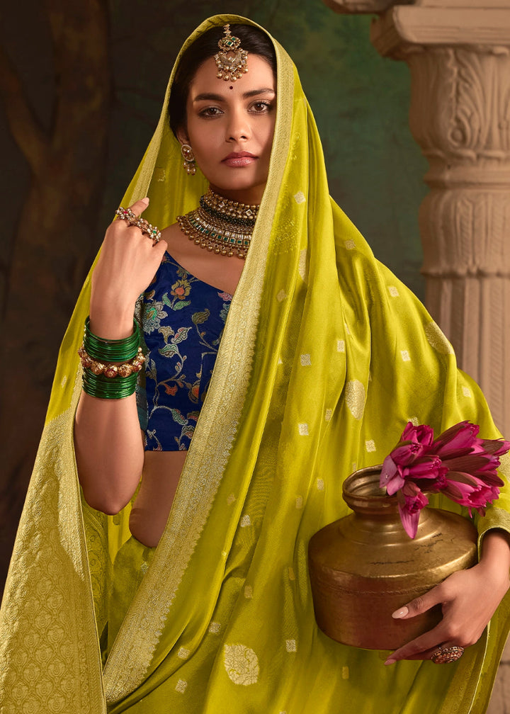 Avocado Green Crepe Dola Silk Saree with Rich Zari Weaving - House of Sarvati LLC