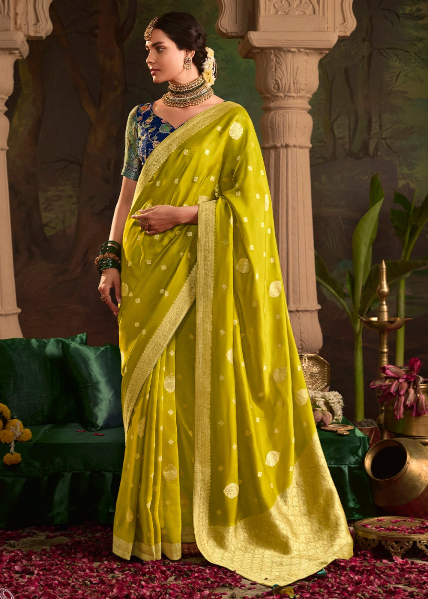 Avocado Green Crepe Dola Silk Saree with Rich Zari Weaving - House of Sarvati LLC