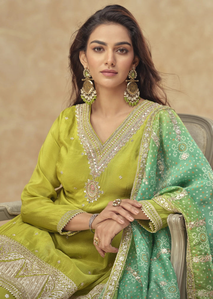 Avocado Green Embellished Simar Silk Palazzo Suit - House of Sarvati LLC
