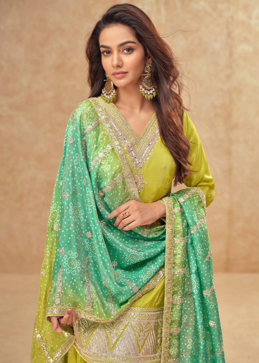 Avocado Green Embellished Simar Silk Palazzo Suit - House of Sarvati LLC