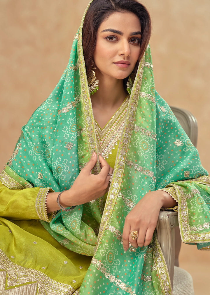 Avocado Green Embellished Simar Silk Palazzo Suit - House of Sarvati LLC