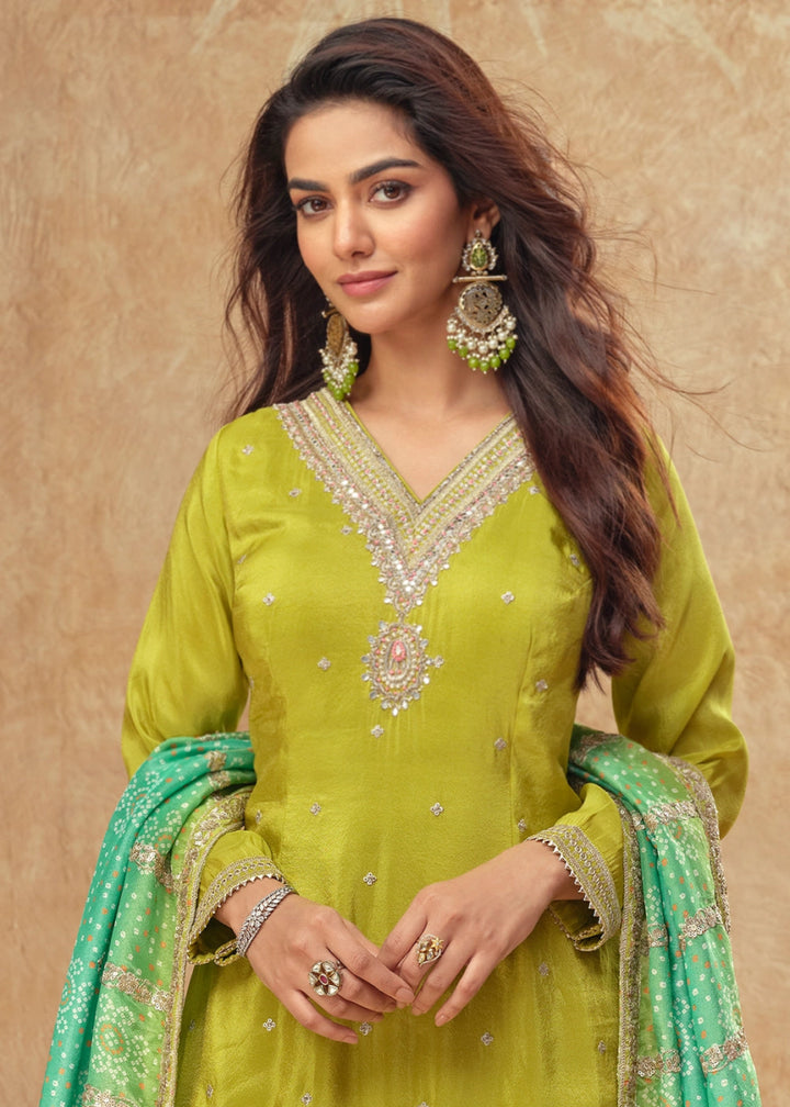 Avocado Green Embellished Simar Silk Palazzo Suit - House of Sarvati LLC