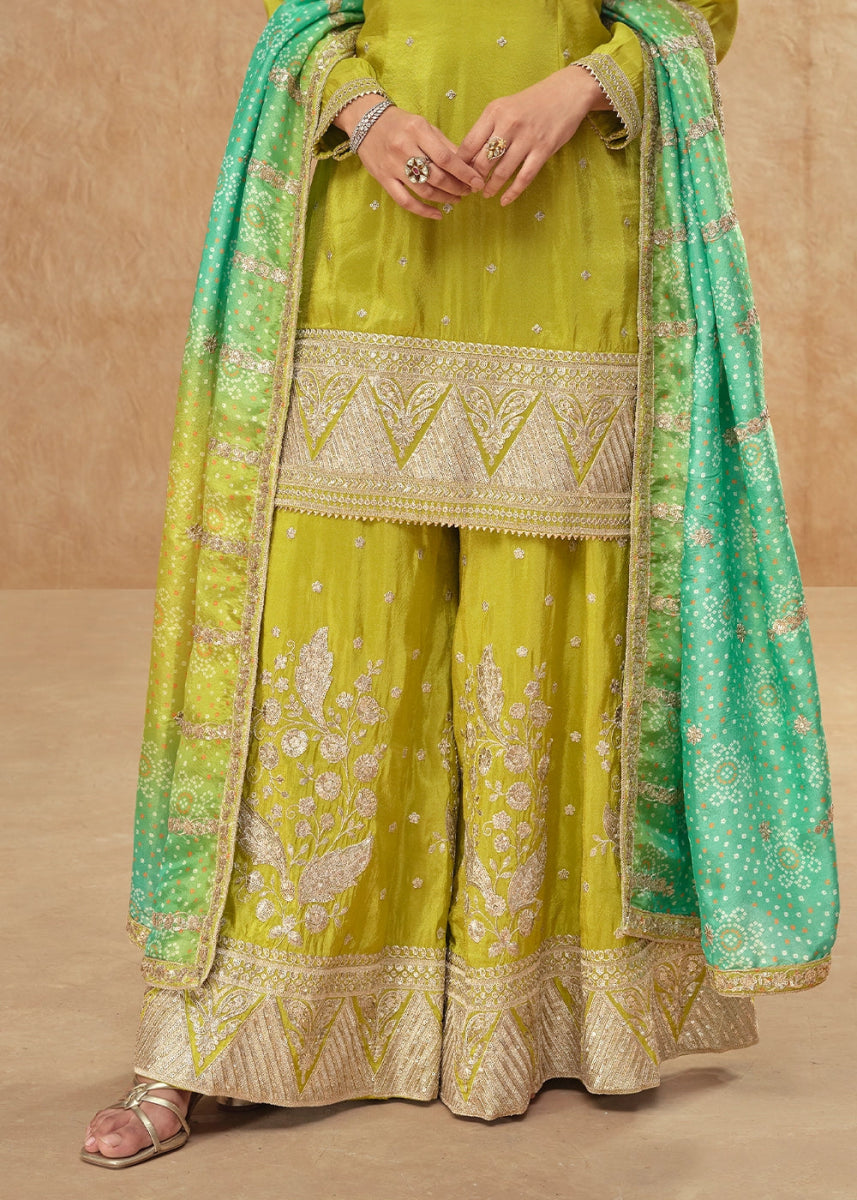 Avocado Green Embellished Simar Silk Palazzo Suit - House of Sarvati LLC