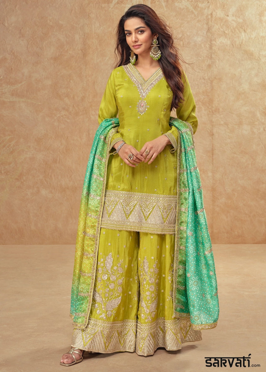 Avocado Green Embellished Simar Silk Palazzo Suit - House of Sarvati LLC