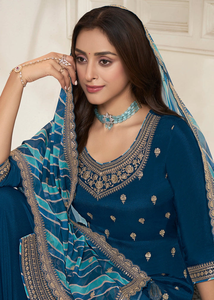 Azure Blue Chinon Silk Sharara Suit with Intricate Butti and Sequins Detailing - House of Sarvati LLC