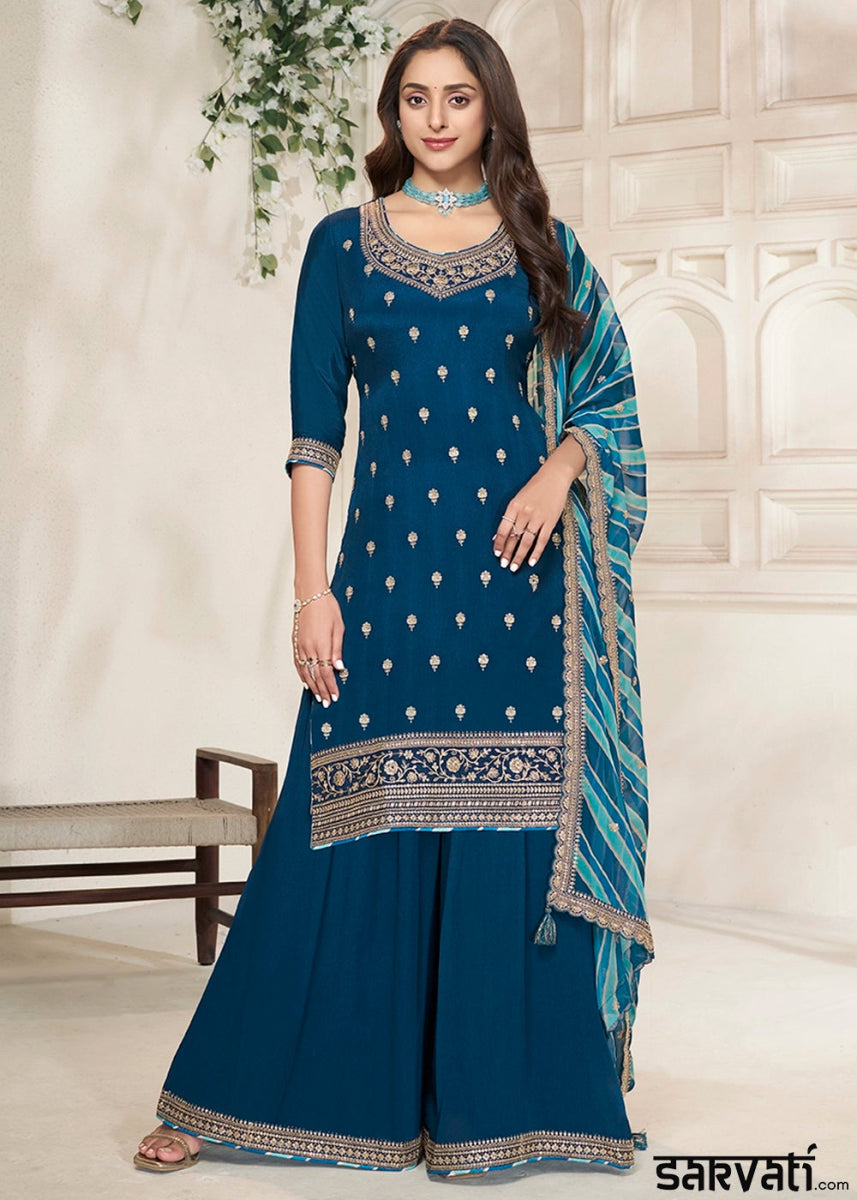 Azure Blue Chinon Silk Sharara Suit with Intricate Butti and Sequins Detailing - House of Sarvati LLC