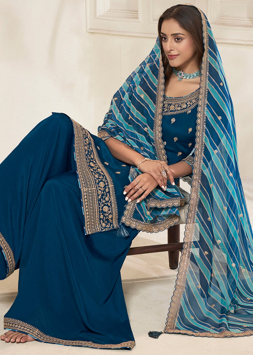Azure Blue Chinon Silk Sharara Suit with Intricate Butti and Sequins Detailing - House of Sarvati LLC