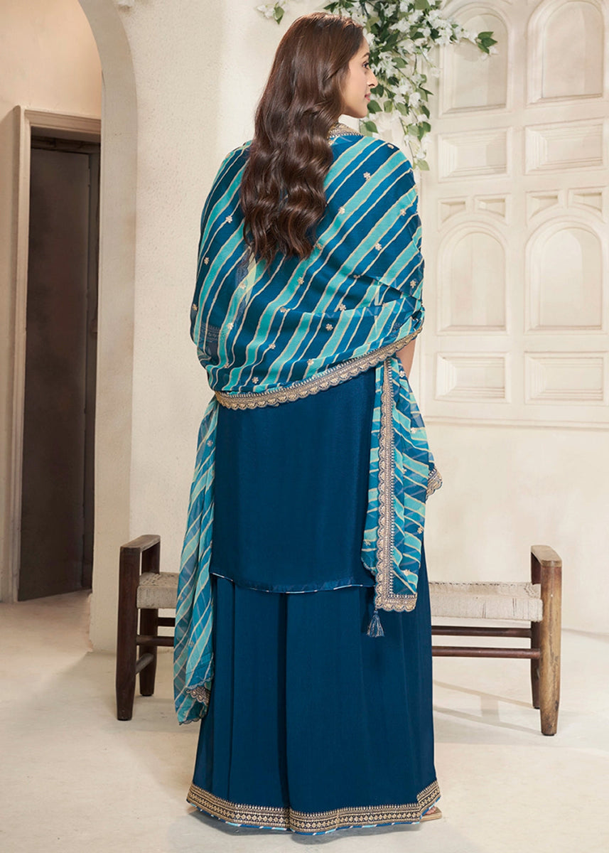 Azure Blue Chinon Silk Sharara Suit with Intricate Butti and Sequins Detailing - House of Sarvati LLC