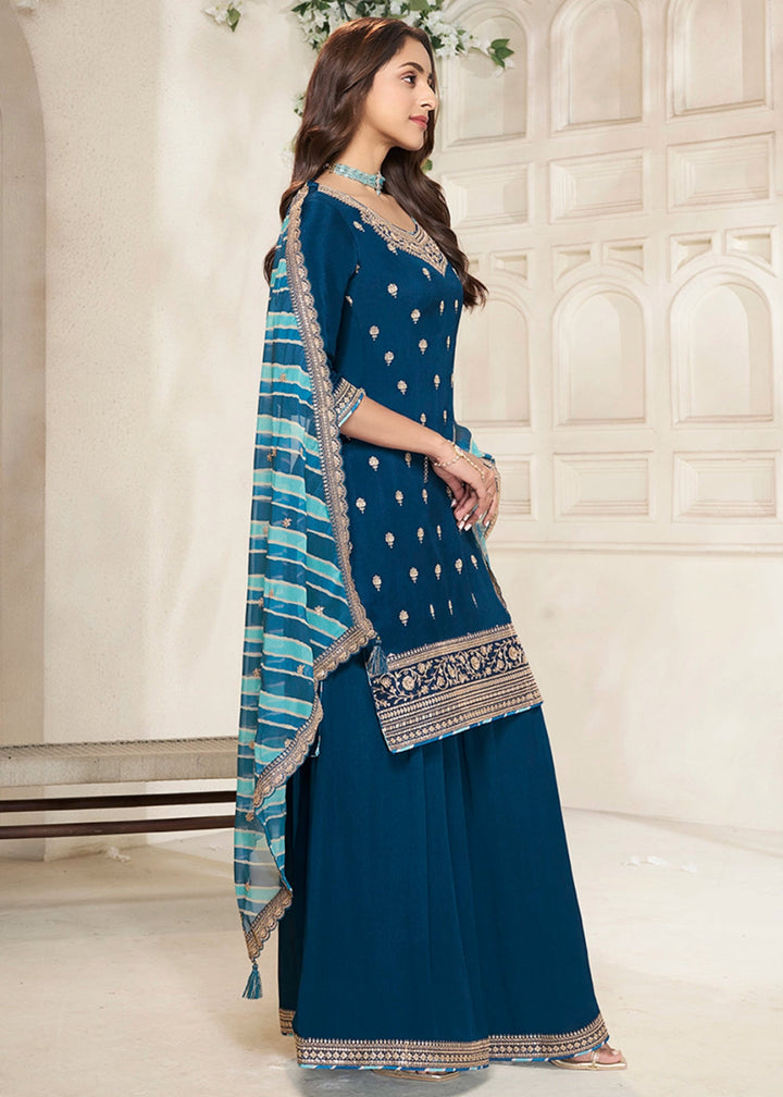 Azure Blue Chinon Silk Sharara Suit with Intricate Butti and Sequins Detailing - House of Sarvati LLC