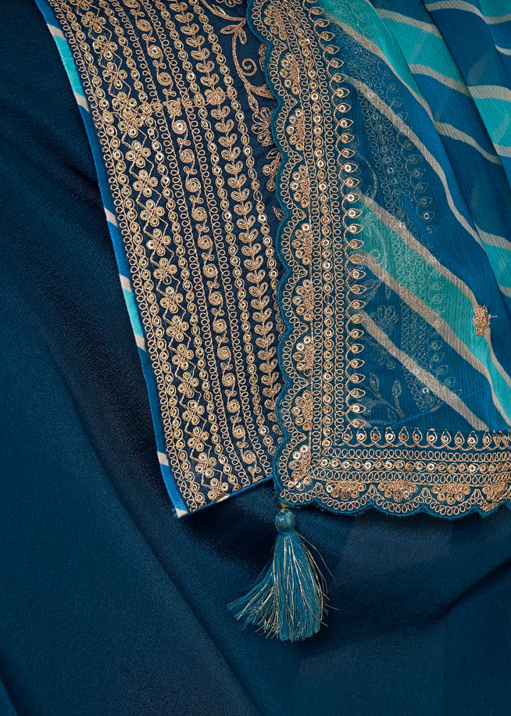 Azure Blue Chinon Silk Sharara Suit with Intricate Butti and Sequins Detailing - House of Sarvati LLC
