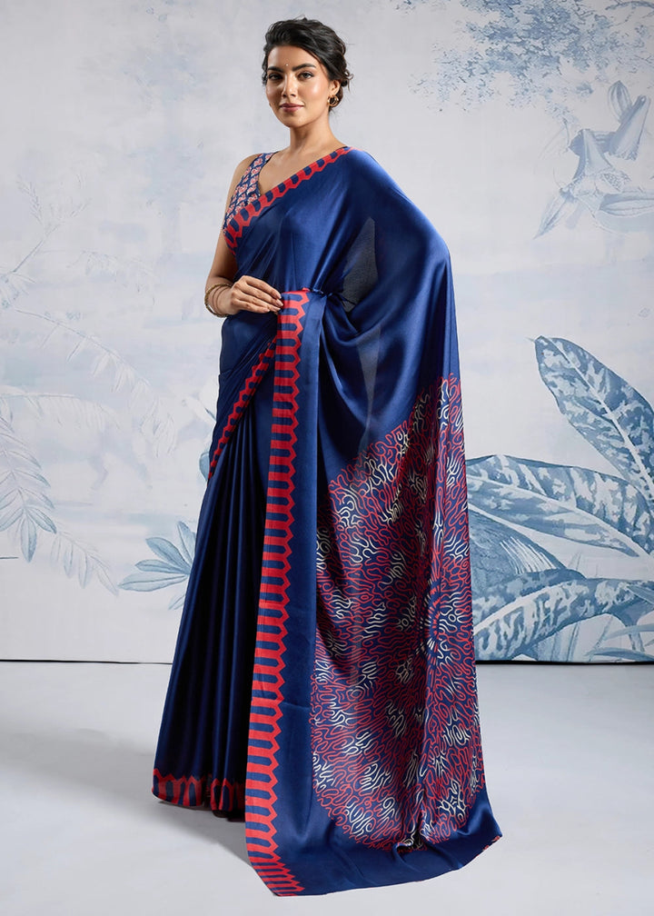 Azure Blue Saree in Modal Satin with Classic Ajrakh Print - House of Sarvati LLC