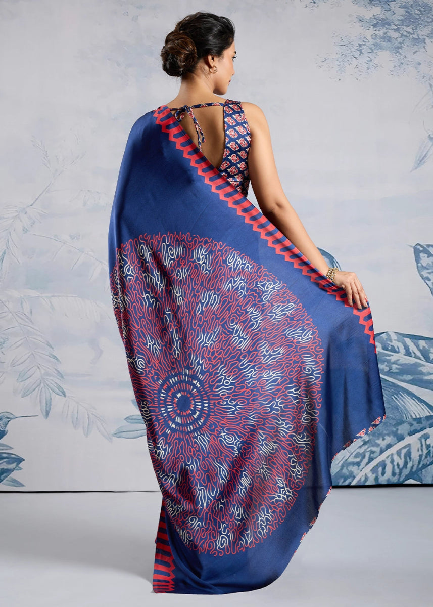 Azure Blue Saree in Modal Satin with Classic Ajrakh Print - House of Sarvati LLC