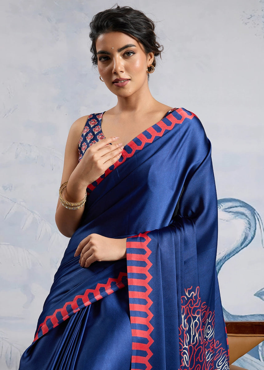 Azure Blue Saree in Modal Satin with Classic Ajrakh Print - House of Sarvati LLC