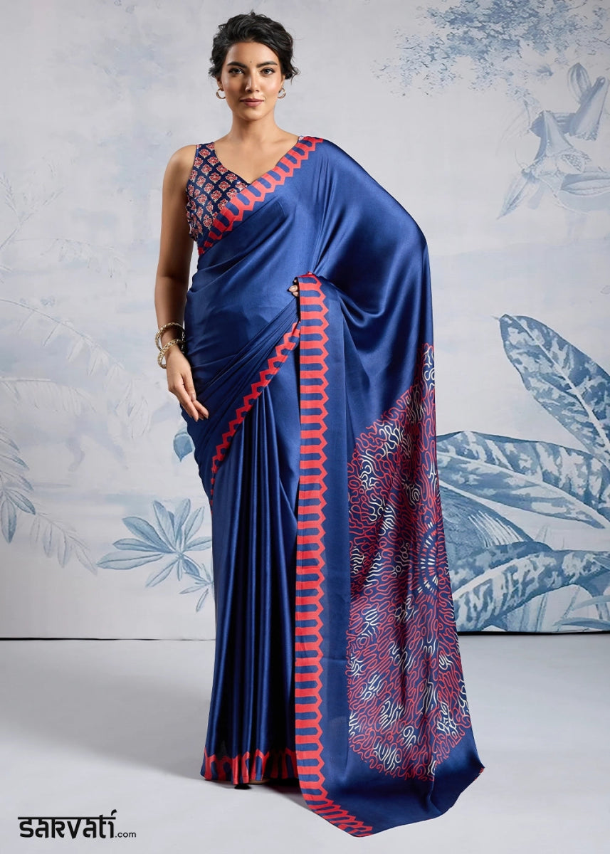 Azure Blue Saree in Modal Satin with Classic Ajrakh Print - House of Sarvati LLC