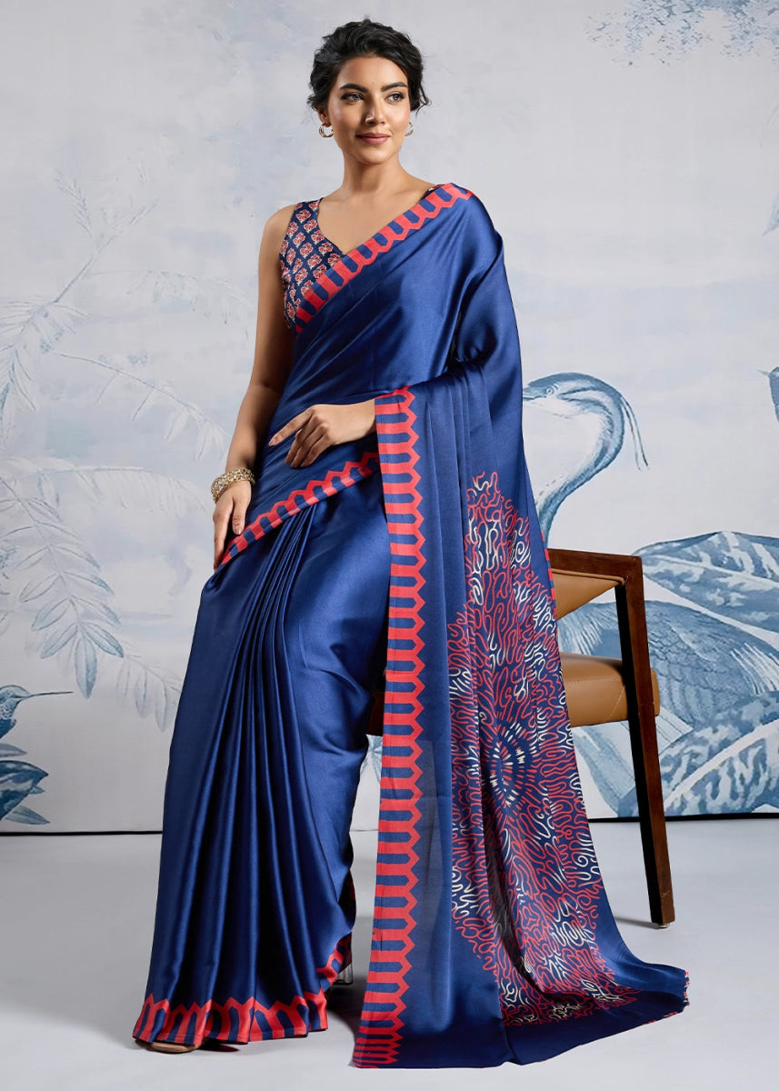 Azure Blue Saree in Modal Satin with Classic Ajrakh Print - House of Sarvati LLC
