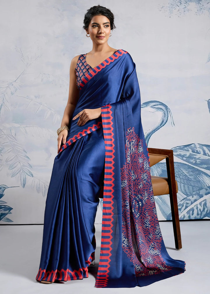 Azure Blue Saree in Modal Satin with Classic Ajrakh Print - House of Sarvati LLC