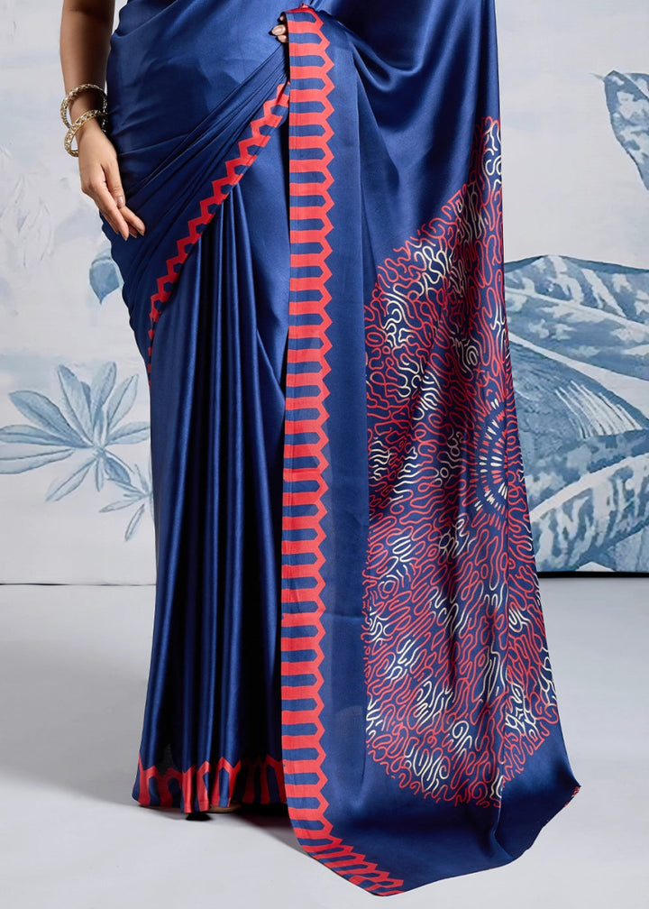 Azure Blue Saree in Modal Satin with Classic Ajrakh Print - House of Sarvati LLC