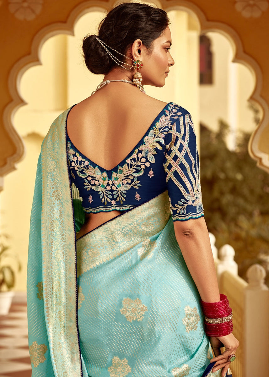 Baby Blue Dola Silk Saree with Intricate Weaving & Embroidered Blouse - House of Sarvati LLC