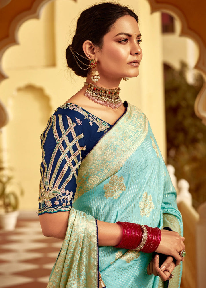 Baby Blue Dola Silk Saree with Intricate Weaving & Embroidered Blouse - House of Sarvati LLC
