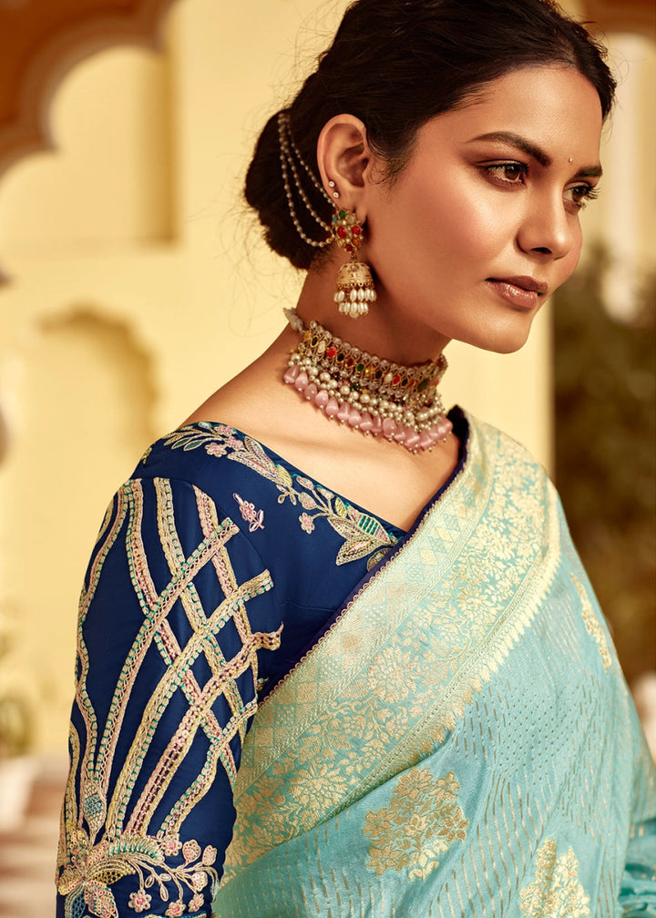 Baby Blue Dola Silk Saree with Intricate Weaving & Embroidered Blouse - House of Sarvati LLC