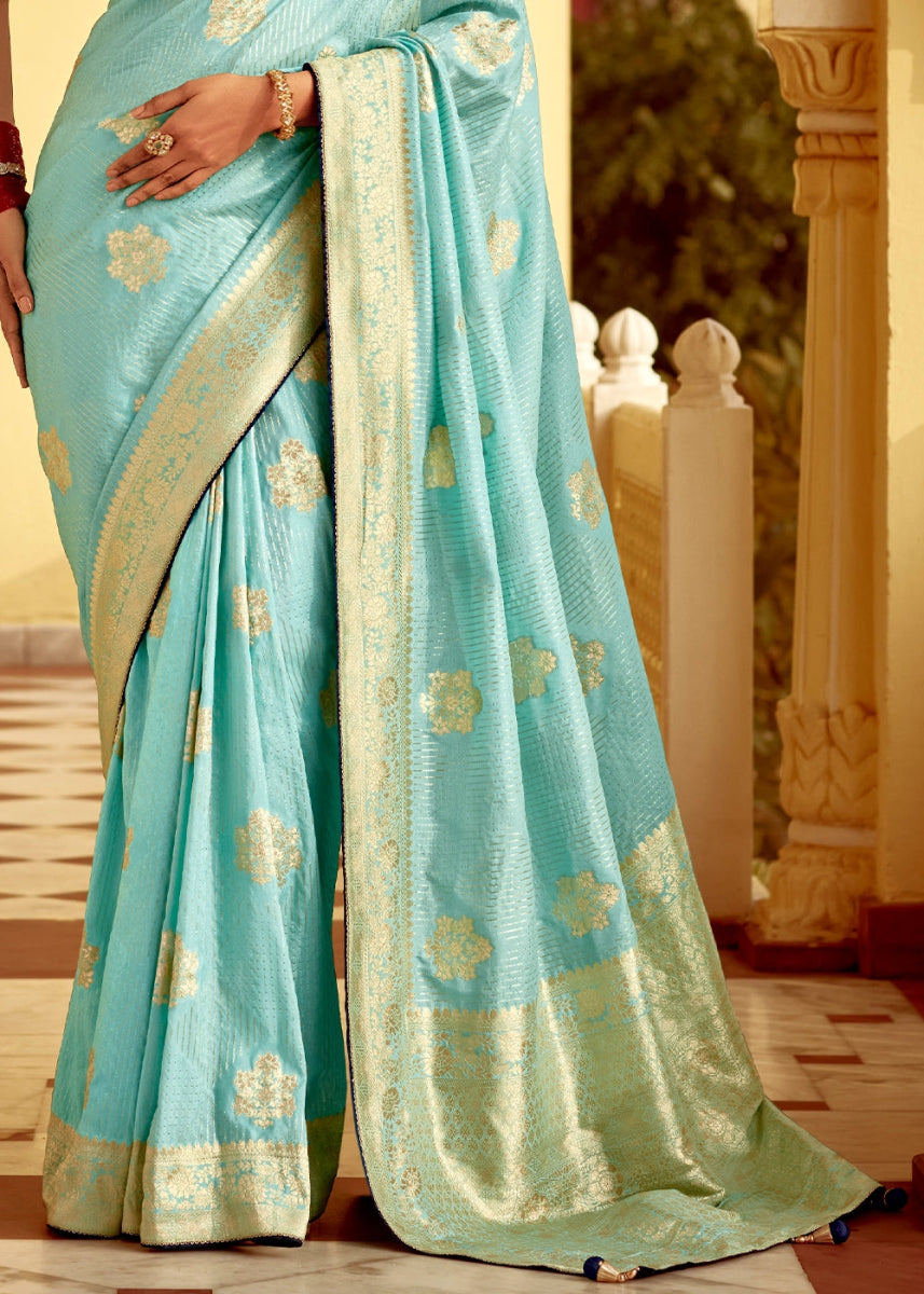 Baby Blue Dola Silk Saree with Intricate Weaving & Embroidered Blouse - House of Sarvati LLC