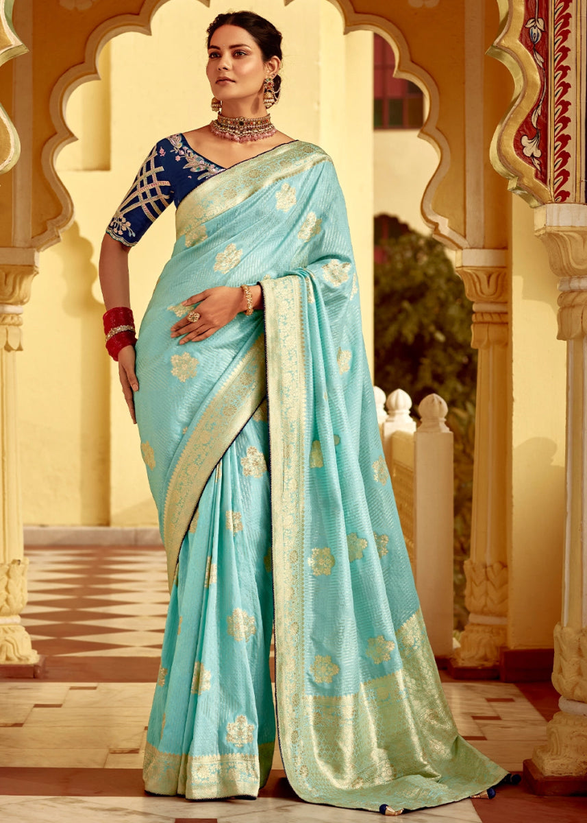 Baby Blue Dola Silk Saree with Intricate Weaving & Embroidered Blouse - House of Sarvati LLC